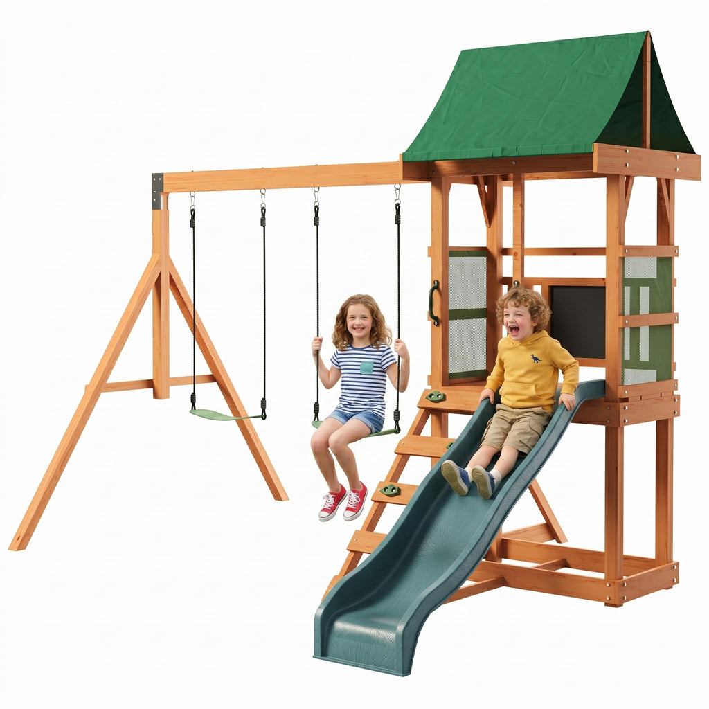 SunSwell Green Wooden Backyard Swing Set