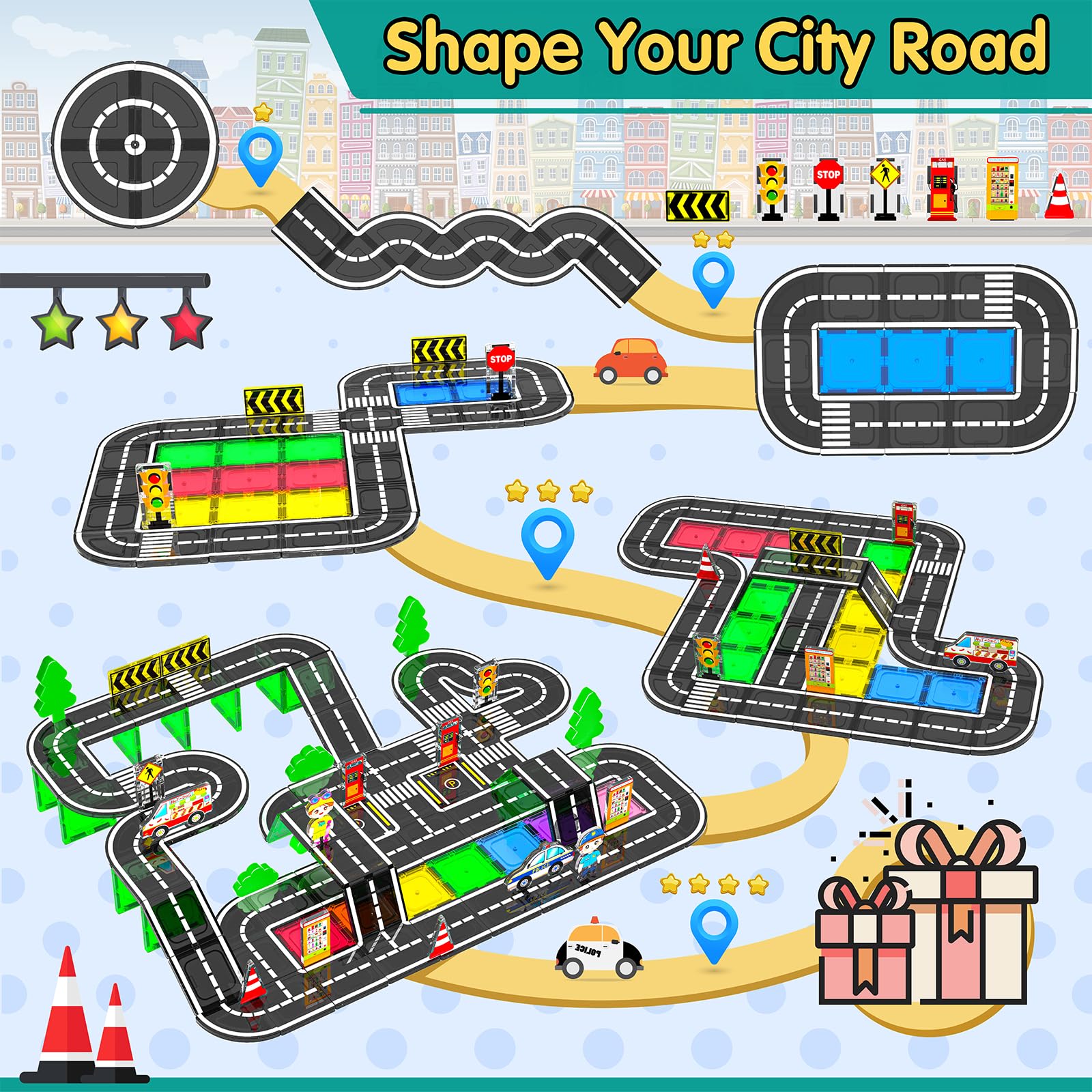44-Piece Magnetic Tile Road Building Set