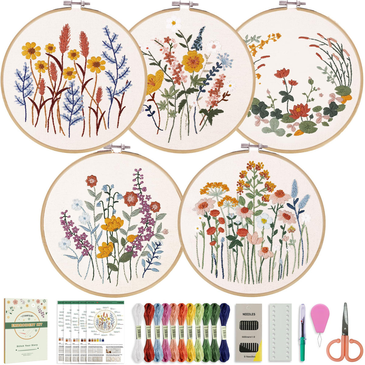 5-Pack Beginner Floral Embroidery Kit